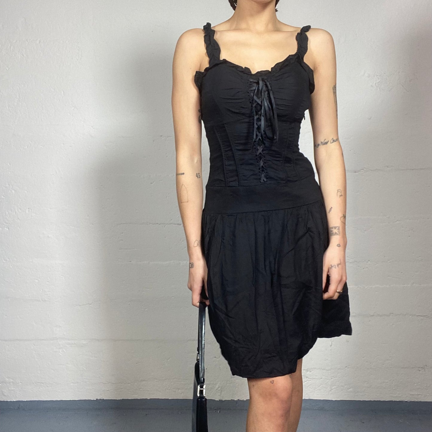 Vintage 90's Downtown Girl Black Corset Cut Dress with Lacer Up Detail (S)