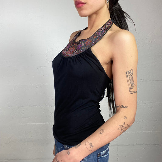 Vintage 2000's Sleaze Black Blouse Top with Round Collar with Floral Embroidery Detail (S)