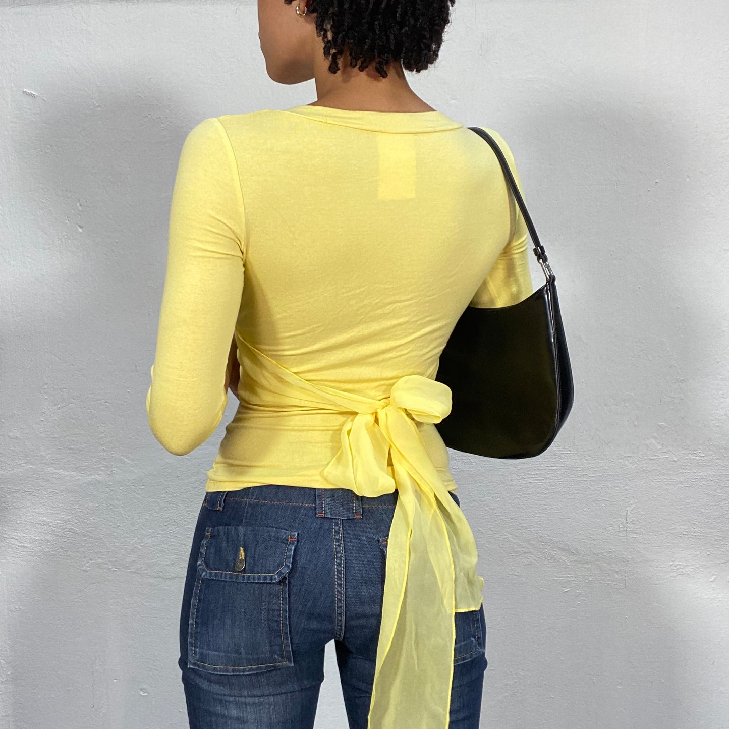 Vintage 90's Model Off Duty Yellow V-Neck Top with Waist Tie Detail (S)