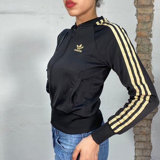 Vintage 2000's Adidas Black Zip Up Sweater with Golden Stripes (S)