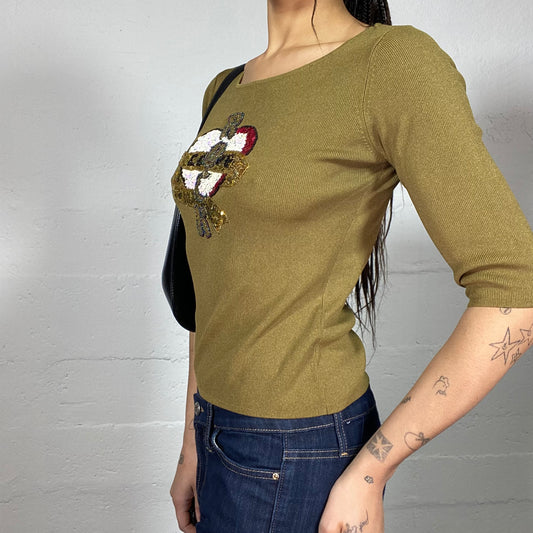 Vintage 2000's Downtown Girl Khaki Longsleeve Top with "Rock" Heart Sequin Print (S)