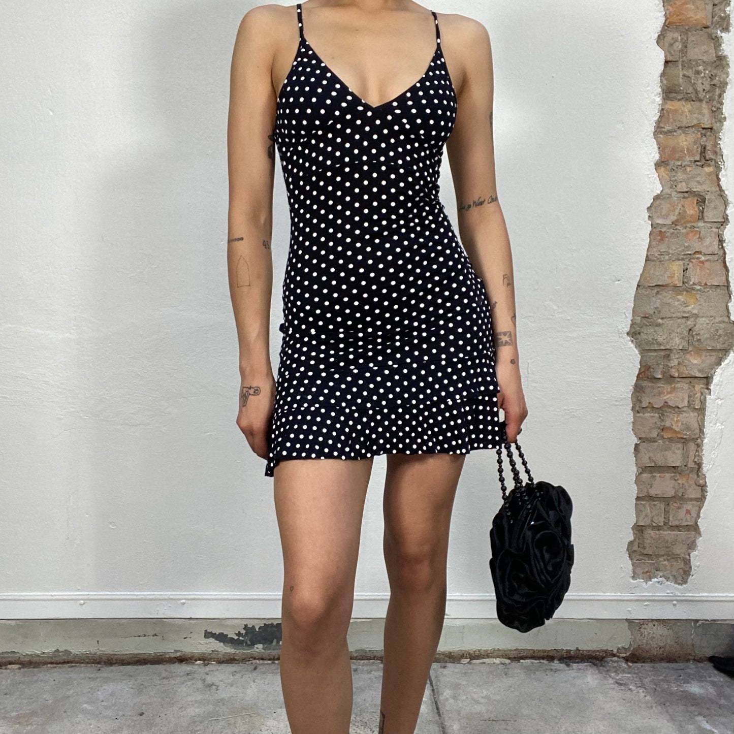 Vintage 2000's Soft Girl Black Polka Dot Mini Dress (XS)