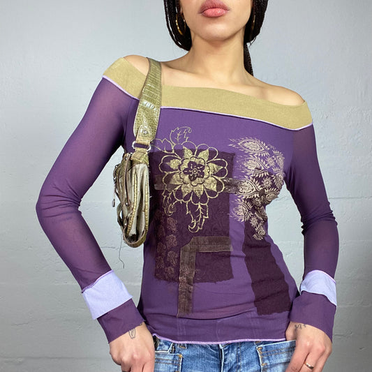 Vintage 2000's Indie Purple Off Shoulder Longsleeve Top with Beige Floral Print (S)