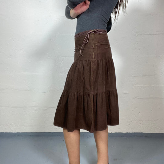 Vintage 90's Phoebe Buffay Brown Midi Skirt with Layered Volant Cut (M)