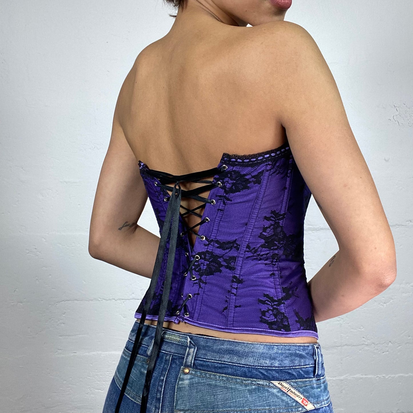 Vintage 2000's Goth Babydoll Purple Corset Top with Black Floral Lace Detail (S)