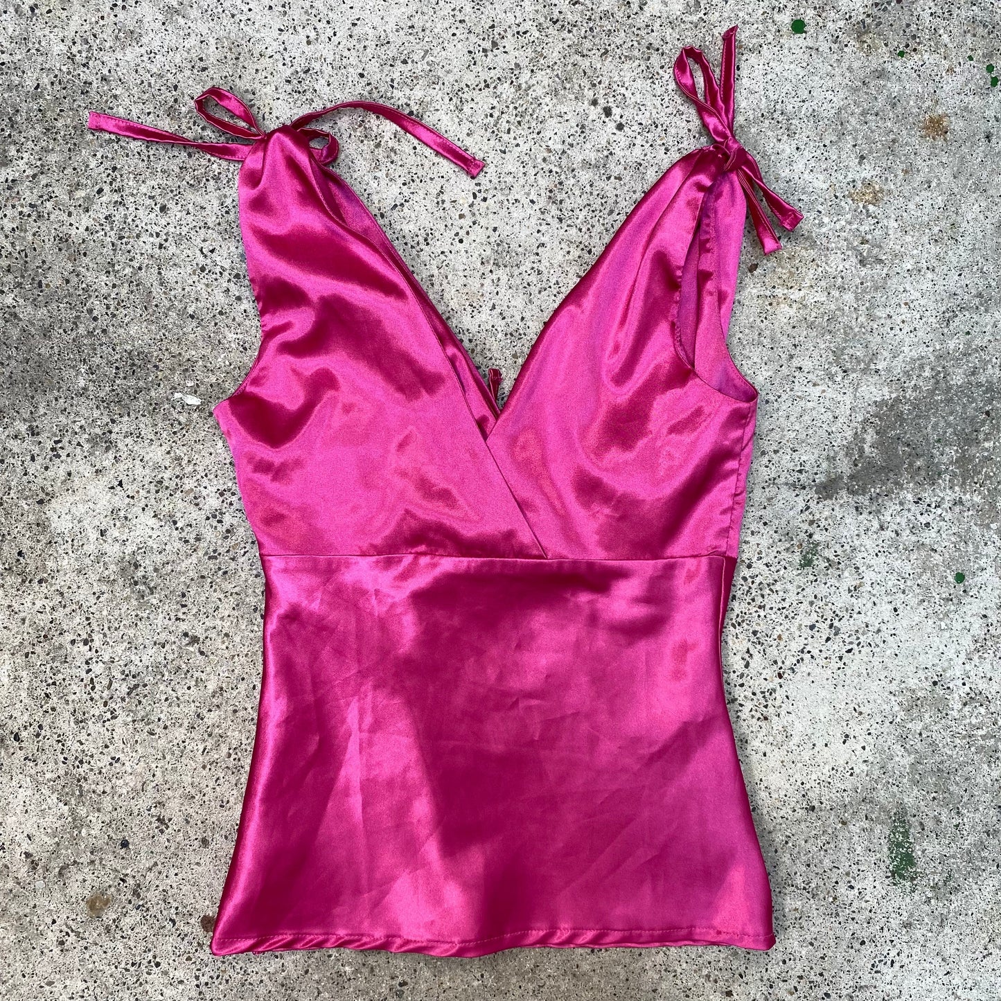 Vintage 2000's Barbie Pink Satin V-Neck Top with Bow Details (S)