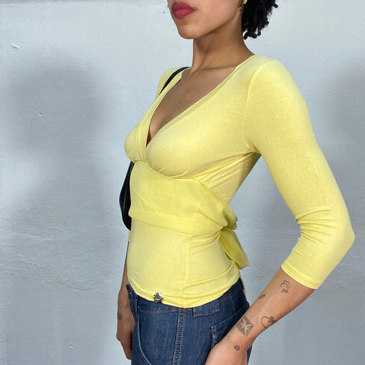 Vintage 90's Model Off Duty Yellow V-Neck Top with Waist Tie Detail (S)