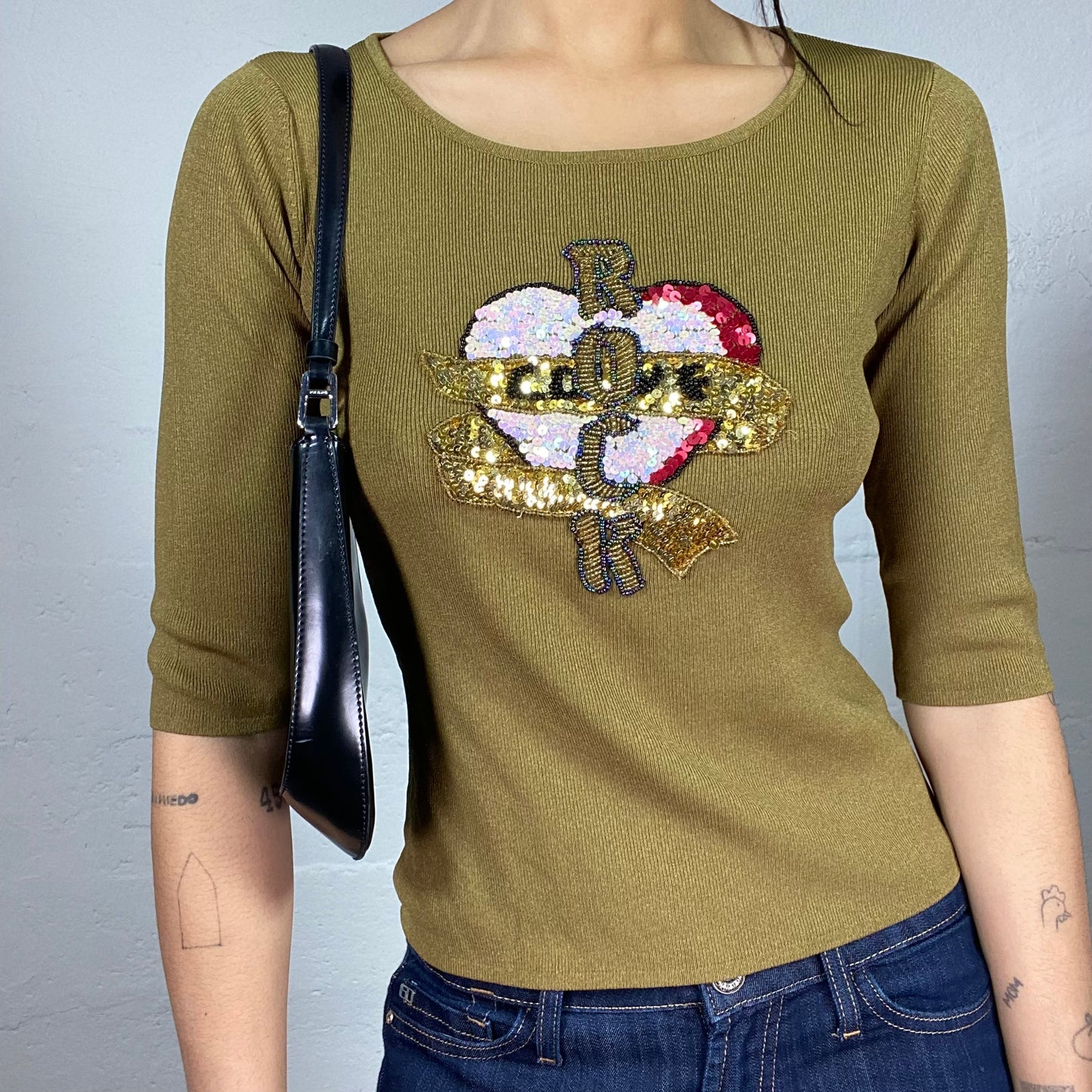 Vintage 2000's Downtown Girl Khaki Longsleeve Top with "Rock" Heart Sequin Print (S)