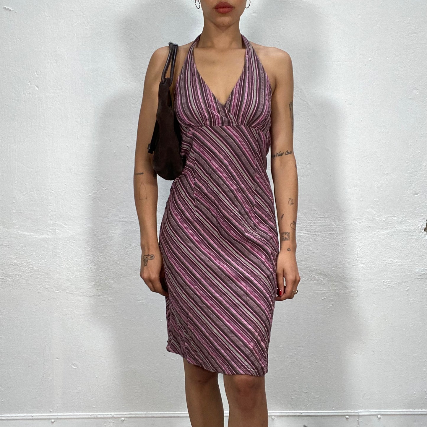 Vintage 90's Summer Brown Pink Diagonal Striped Halter Neck Midi Dress (S)