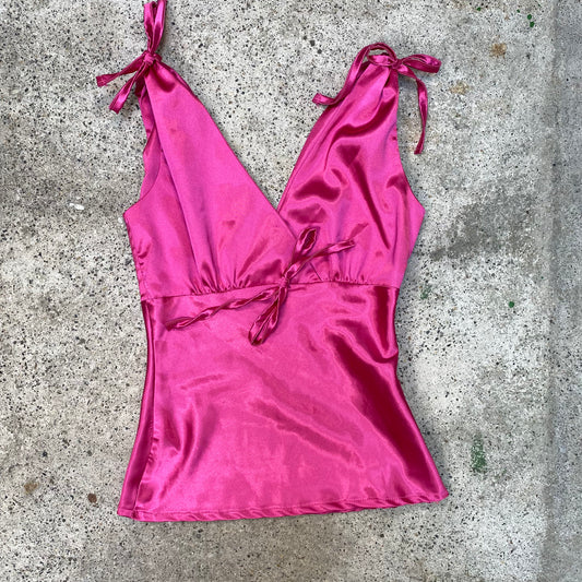 Vintage 2000's Barbie Pink Satin V-Neck Top with Bow Details (S)