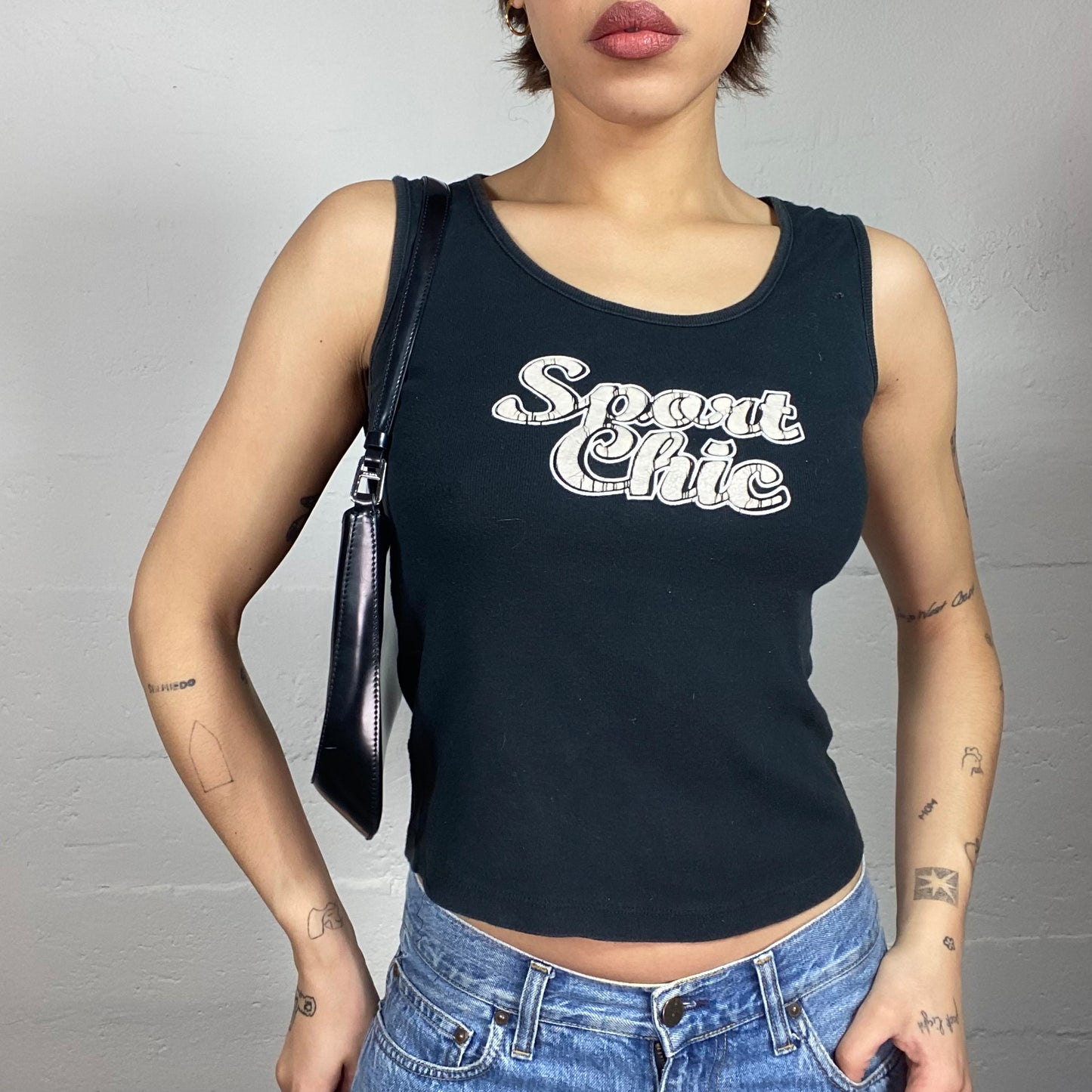 Vintage 2000's Downtown Girl Black Top with White "Sport Chic" Chest Print (S)
