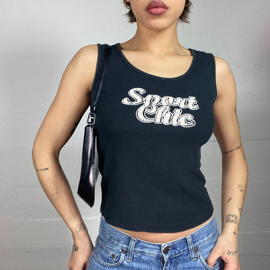 Vintage 2000's Downtown Girl Black Top with White "Sport Chic" Chest Print (S)