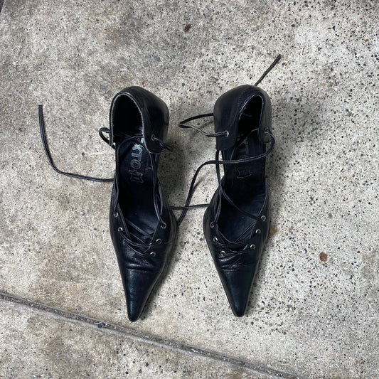 Vintage 2000's Night Out Black Pointy Leather Heels with Lace Up Details (38)