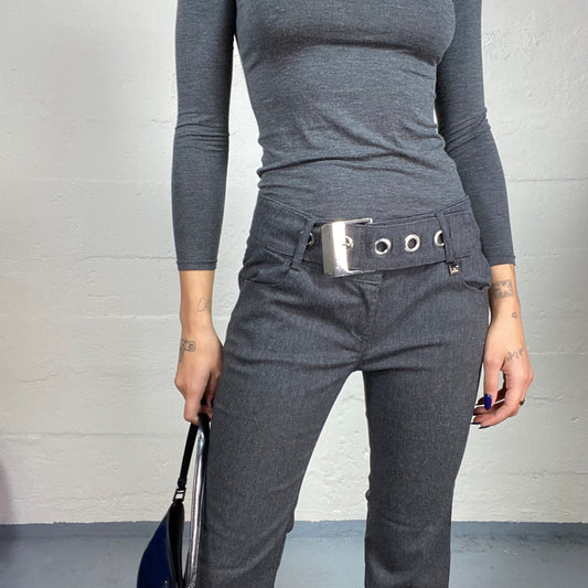 Vintage 2000's Gorpcore Grey Low Waist Pantsuit with Silver Maxi Belt and Boot Cut (M)