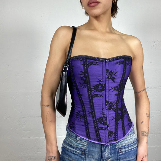 Vintage 2000's Goth Babydoll Purple Corset Top with Black Floral Lace Detail (S)