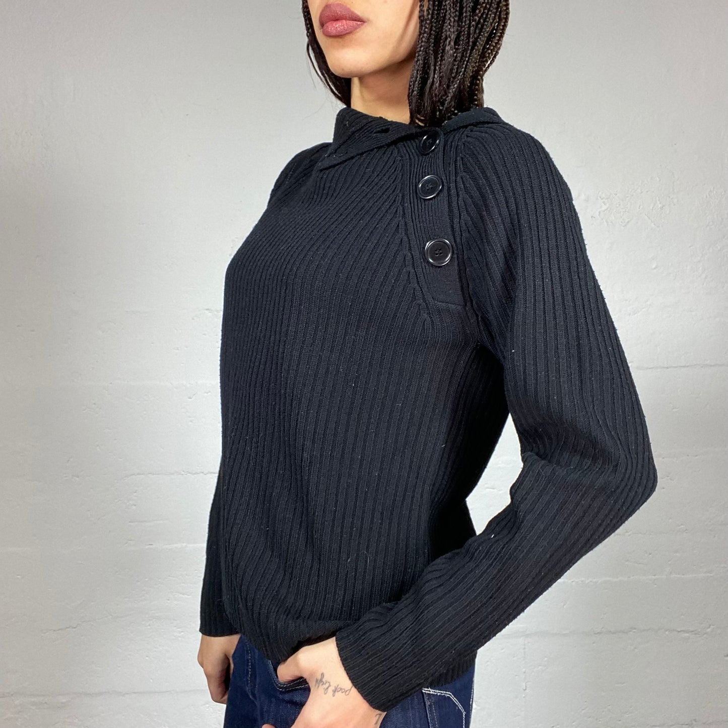 Vintage 2000's Sporty Black Side Button Up Pullover with Asymmetric High Neck Detail (L)