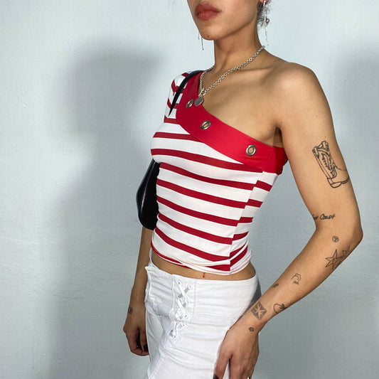 Vintage 90's Sailor Red and White Striped One Shoulder Top with Eyelet Details (S)