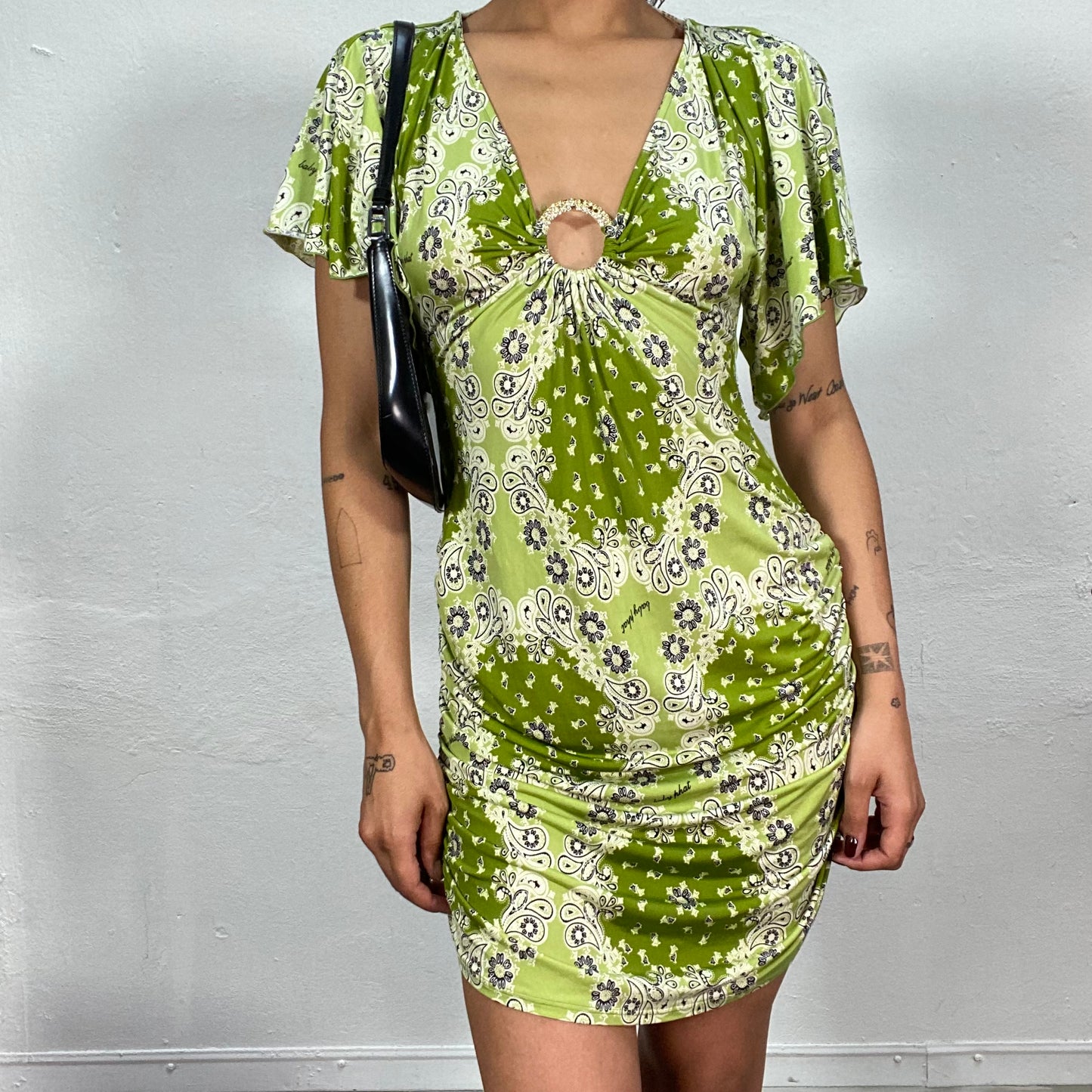 Vintage 2000's Babyphat Green Dress with White Paisley Print and Ring Detail (S)