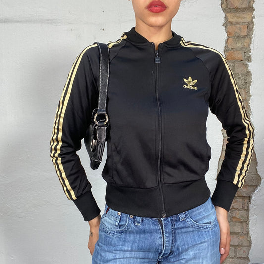 Vintage 2000's Adidas Black Zip Up Sweater with Golden Stripes (S)