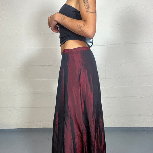 Vintage 90's Vampy Girl Burgundy Maxi Skirt with Iridescent Material (S)