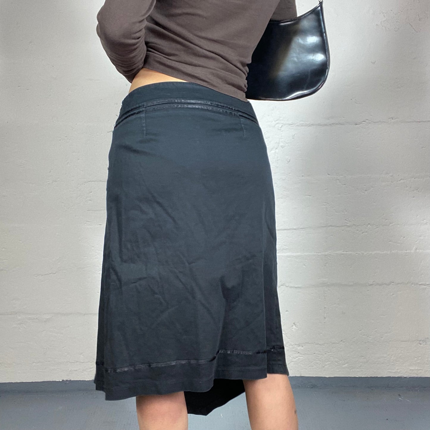 Vintage 2000's Cyber Black Midi Skirt with Lace Up Detail (S)