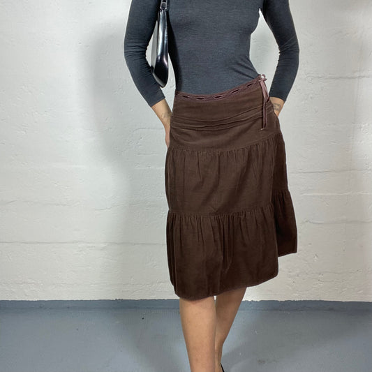 Vintage 90's Phoebe Buffay Brown Midi Skirt with Layered Volant Cut (M)