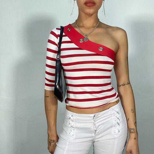 Vintage 90's Sailor Red and White Striped One Shoulder Top with Eyelet Details (S)