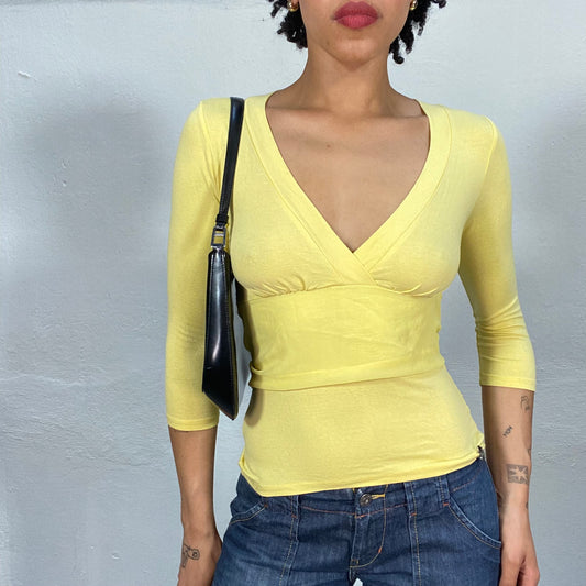 Vintage 90's Model Off Duty Yellow V-Neck Top with Waist Tie Detail (S)