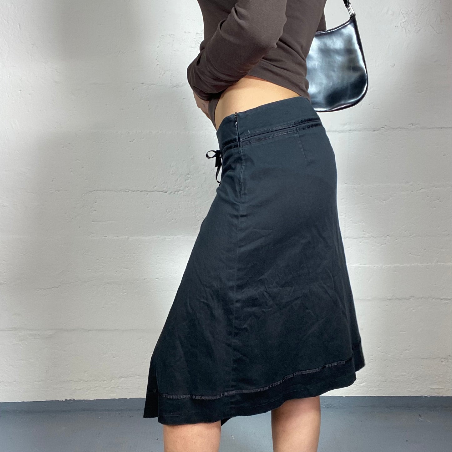 Vintage 2000's Cyber Black Midi Skirt with Lace Up Detail (S)