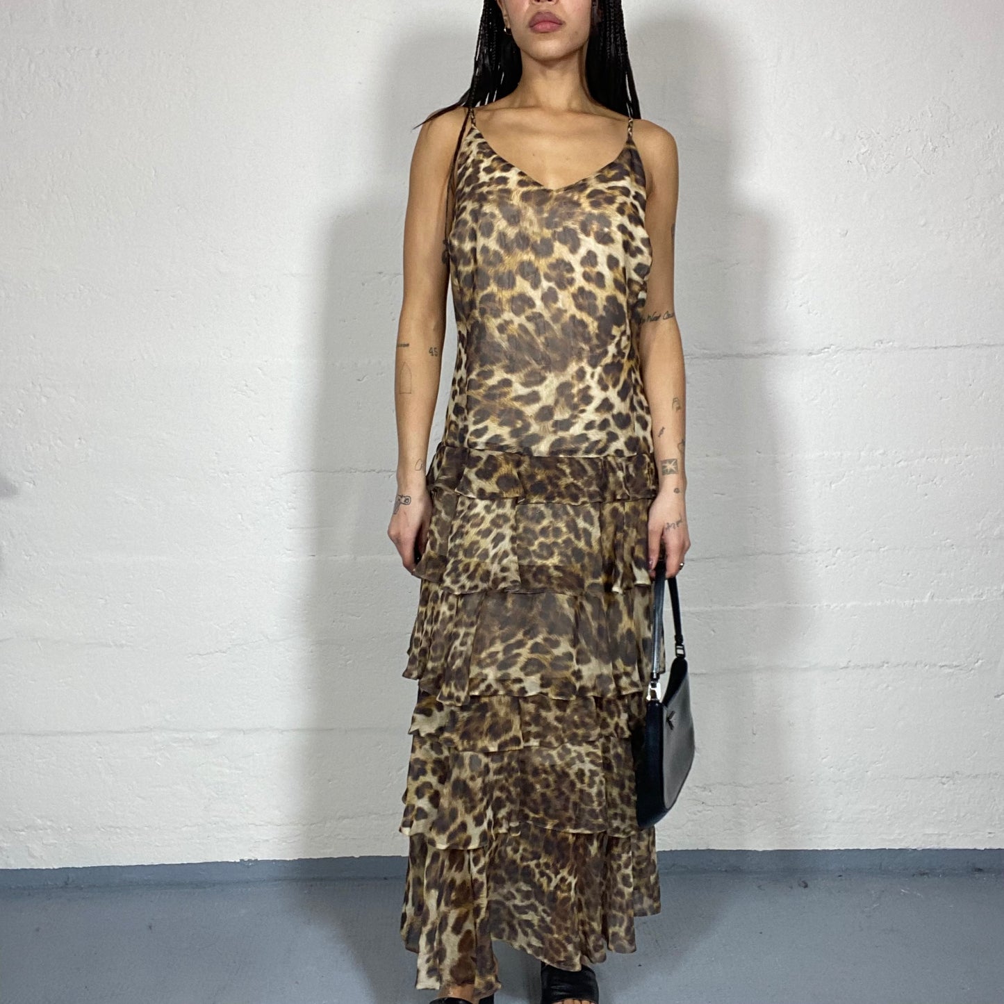 Vintage 90's Janice Brown Maxi Loose Cut Dress with Frilled Bottom and Cheetah Print (M)