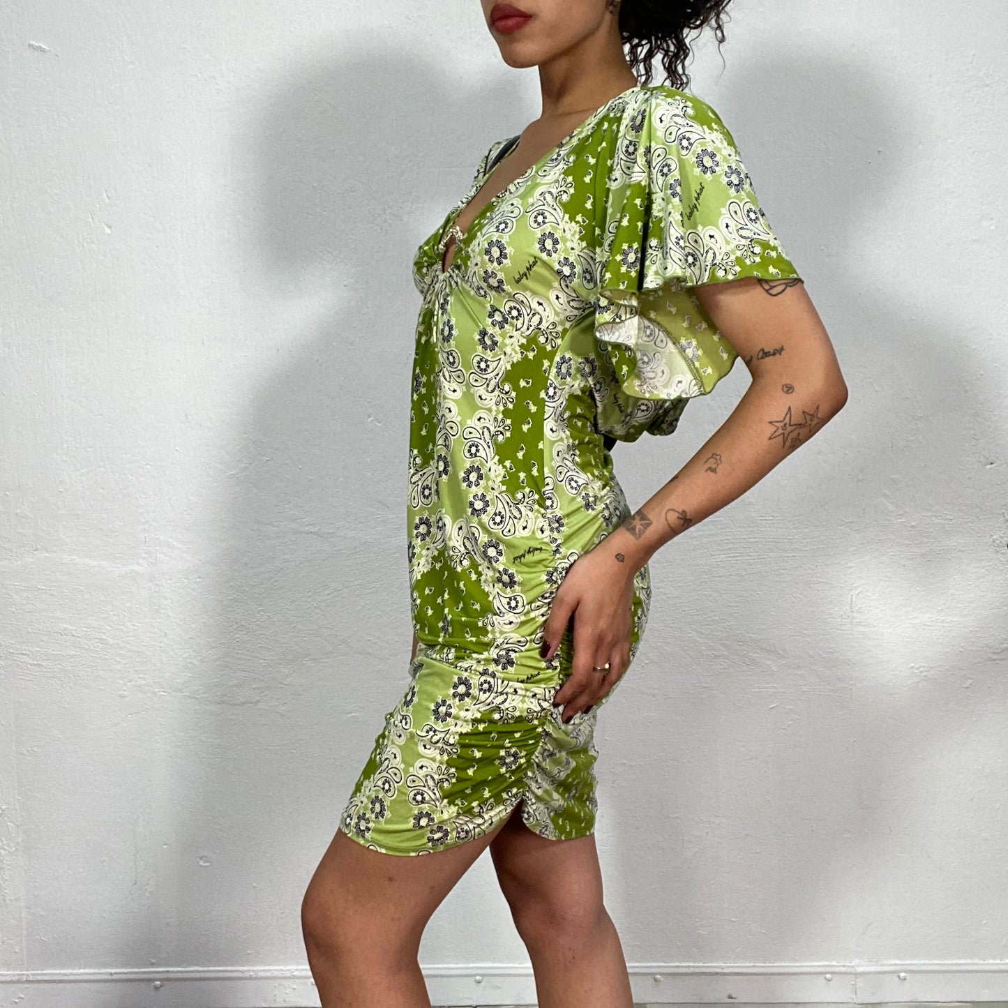 Vintage 2000's Babyphat Green Dress with White Paisley Print and Ring Detail (S)