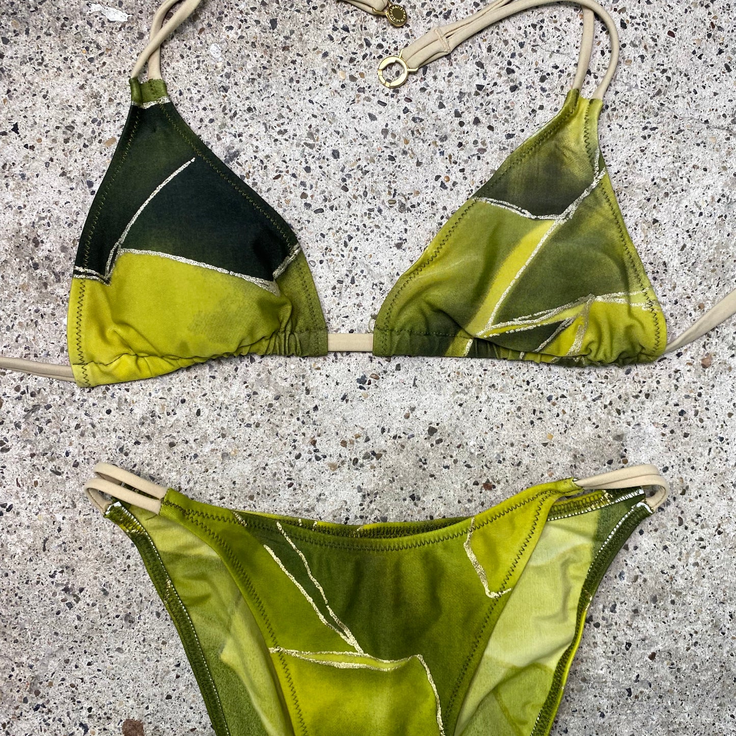Vintage 2000's Green and Silver Glittery Triangle Bikini Set (XXS)