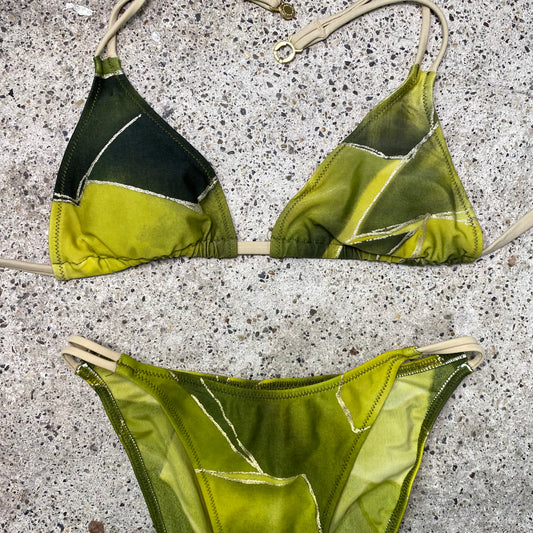 Vintage 2000's Green and Silver Glittery Triangle Bikini Set (XXS)