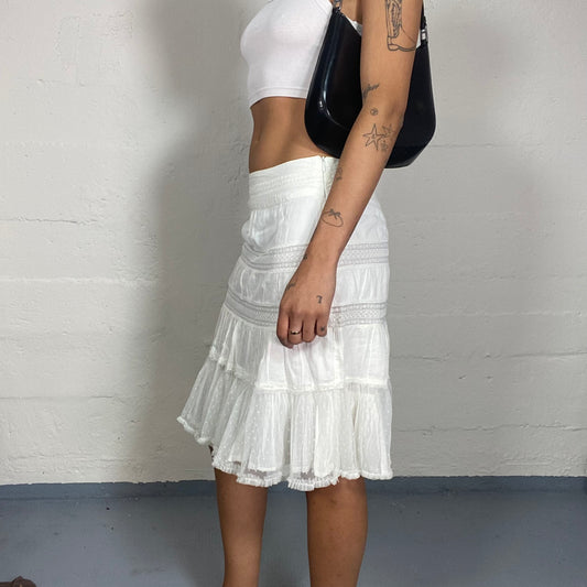 Vintage 90's Coquette White Midi Skirt With Mixed Lace Material (S/M)