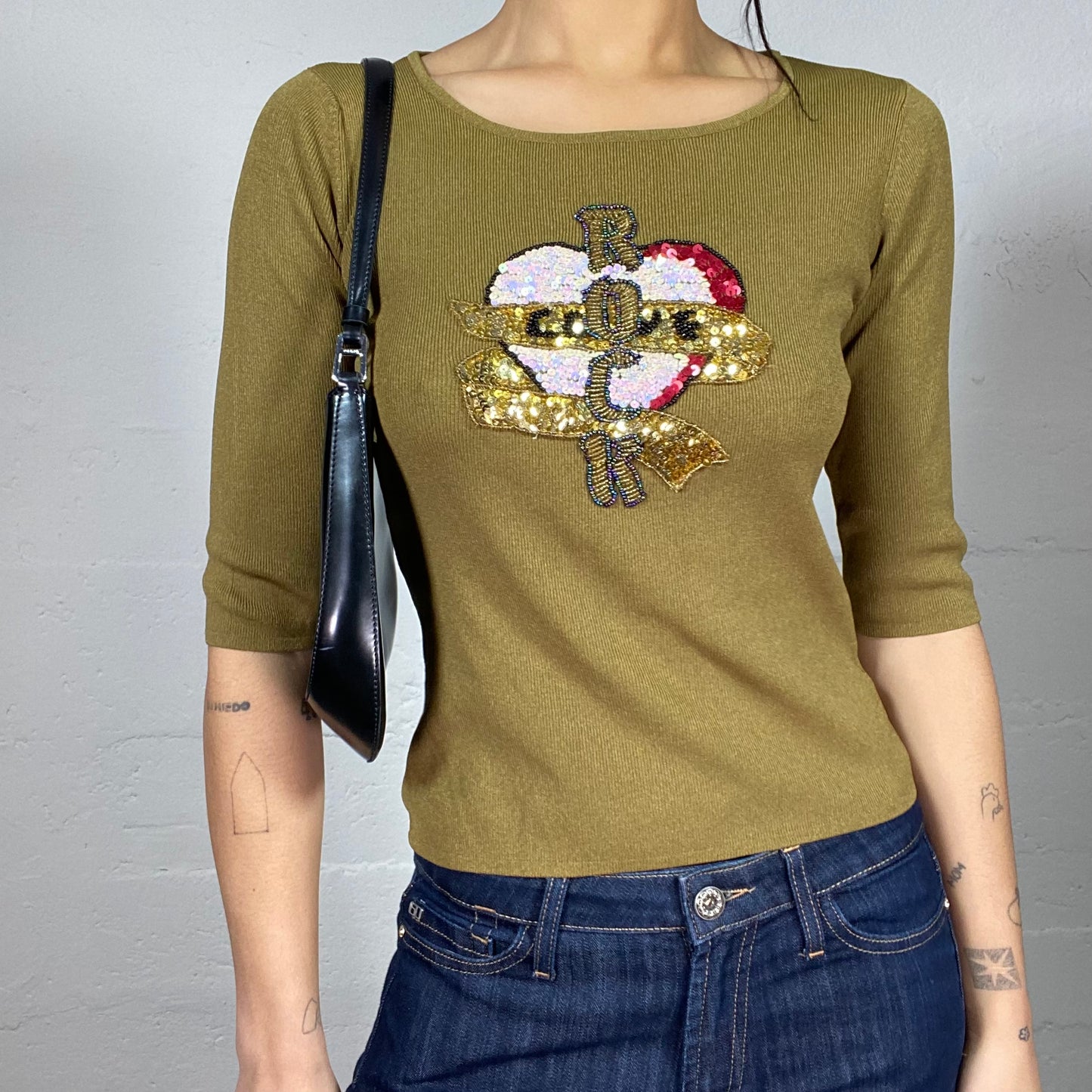 Vintage 2000's Downtown Girl Khaki Longsleeve Top with "Rock" Heart Sequin Print (S)