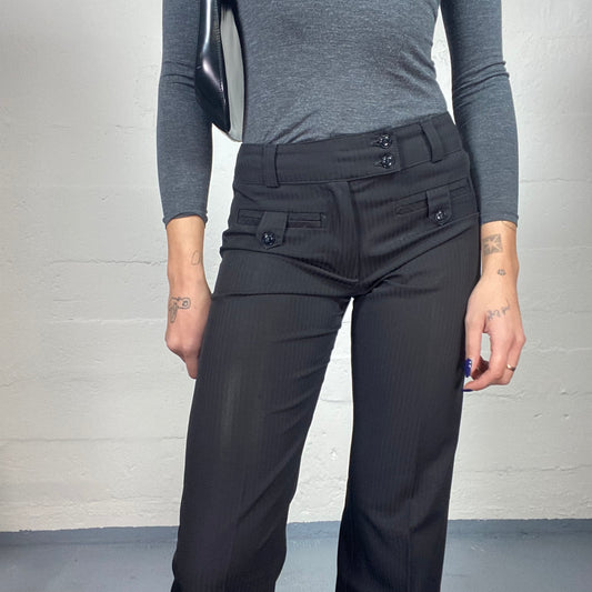 Vintage 2000's Classic Black High Waist Belted Pants with Boot Cut and Pinestripes Print (S)