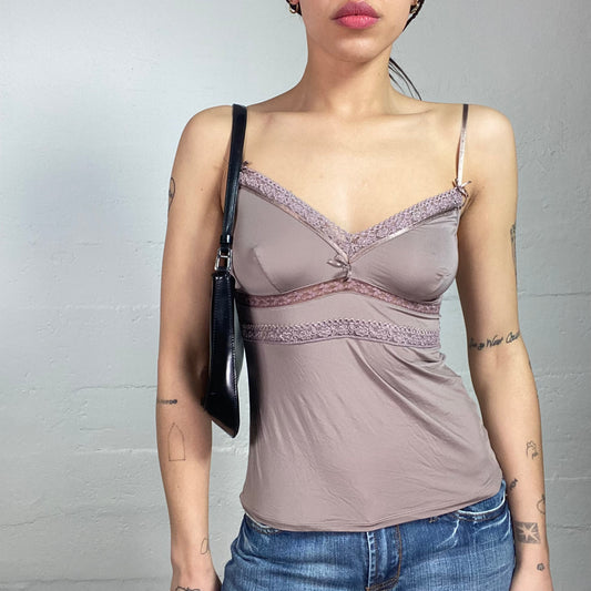 Vintage 2000's Romantic Brown Cami Top with Lace Trims Detail (S)