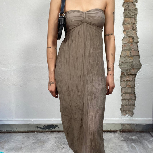 Vintage 2000's Indie Sleaze Khaki Strapless Dress with Wrinkly Look (S)