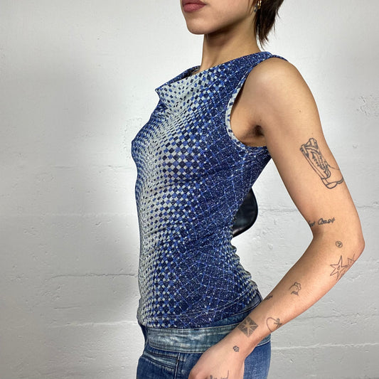 Vintage 2000's Downtown Girl Blue Drapped Neckline Top with Ombré Print (S)