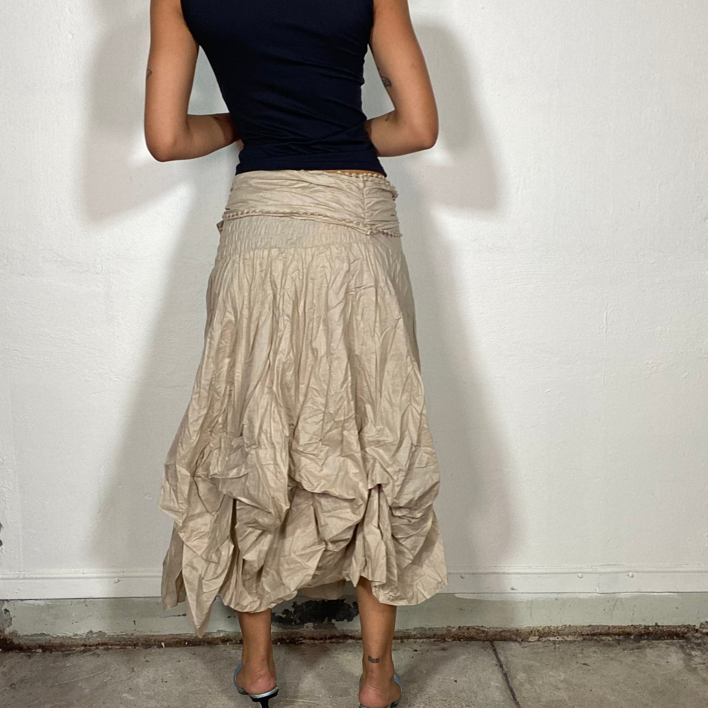 Vintage 90's Boho Beige Maxi Skirt with Layered Draping and Side Tie (S)