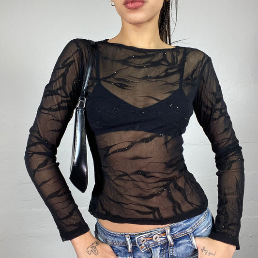 Vintage 2000's Rave Black Mesh Longsleeve Top with Glitter Zebra Print (M)