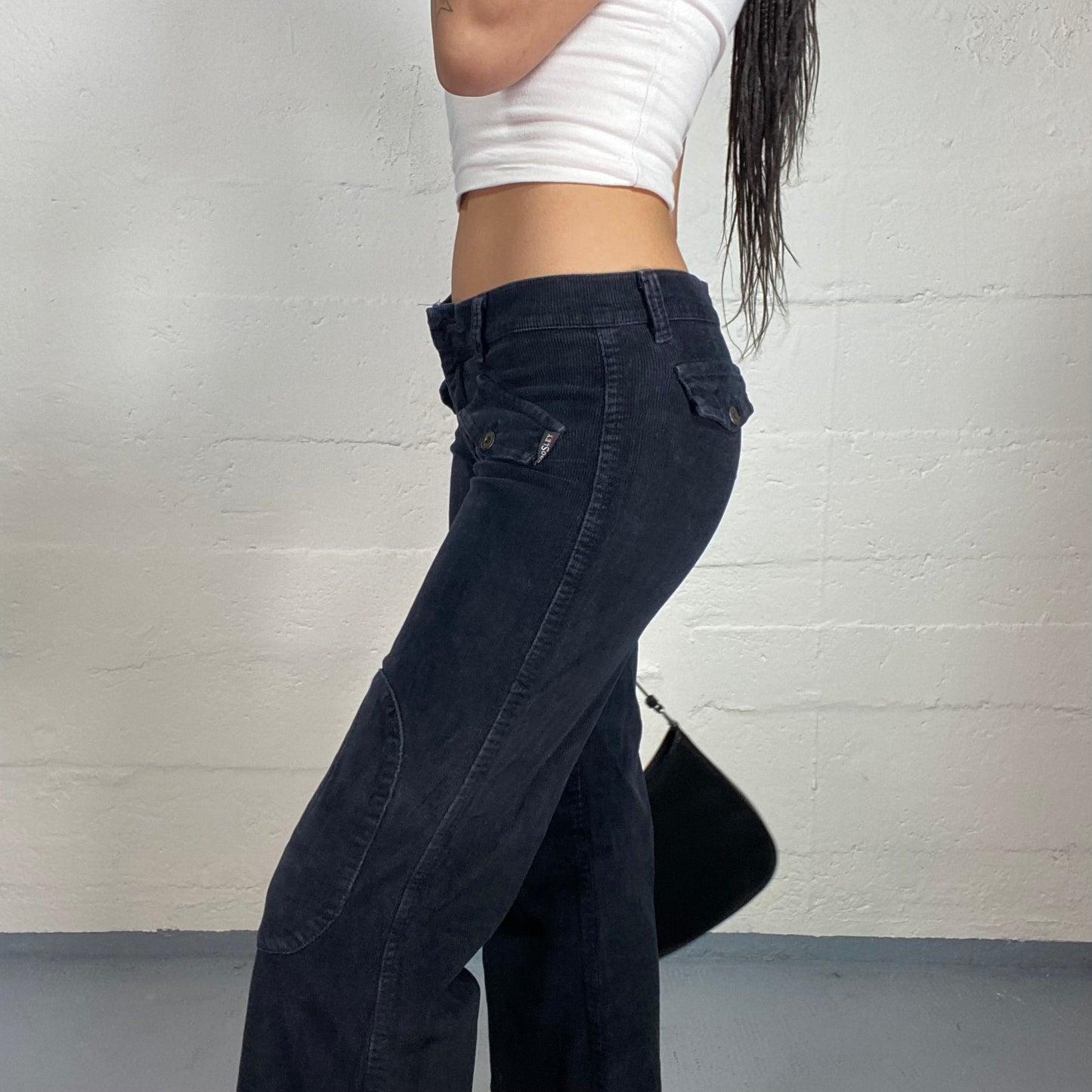 Vintage 90's Sleaze Dark Denim Low Waist Pants with Straight Cut and Pockets Detail (S)