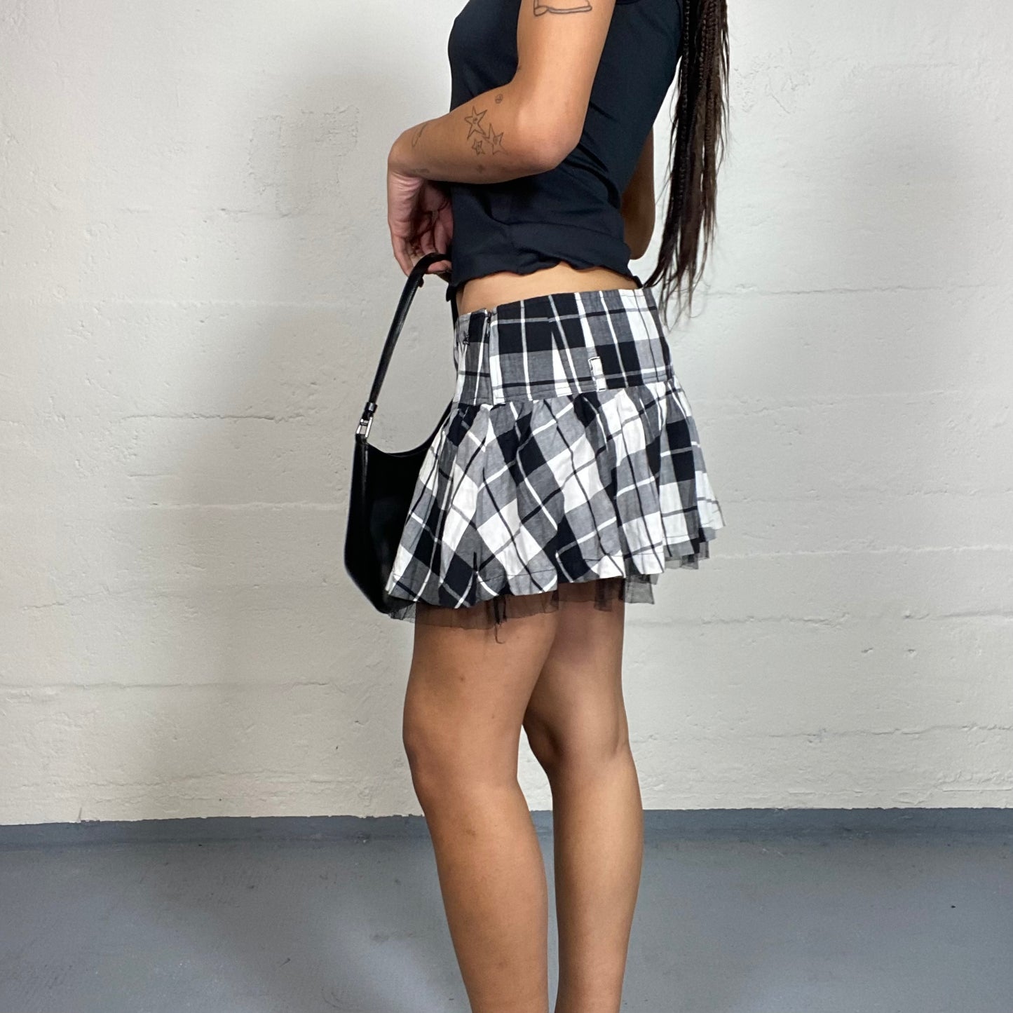 Vintage 90's Punk Girl Black & White Plaid Mini Skirt with Mesh Chiffon Under Bottom (S)