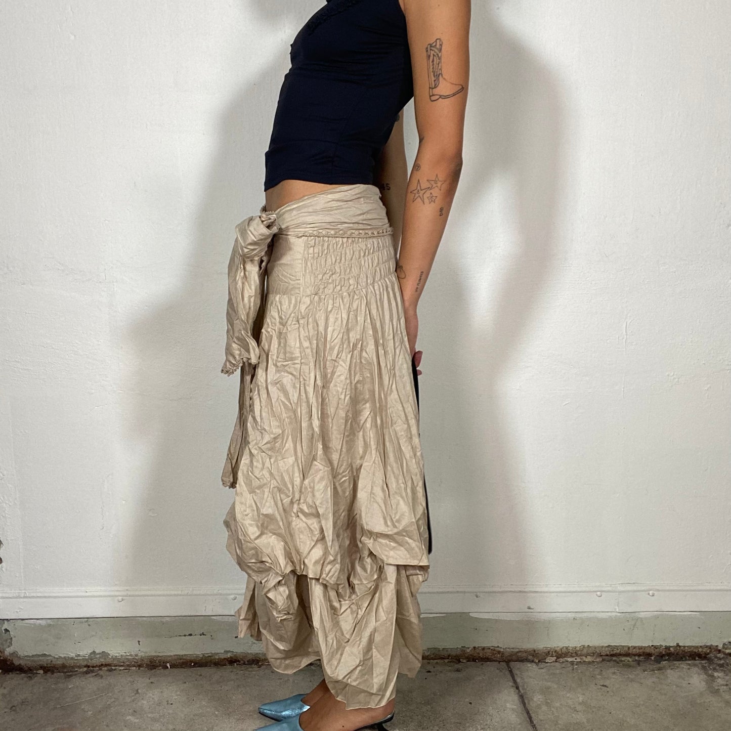 Vintage 90's Boho Beige Maxi Skirt with Layered Draping and Side Tie (S)