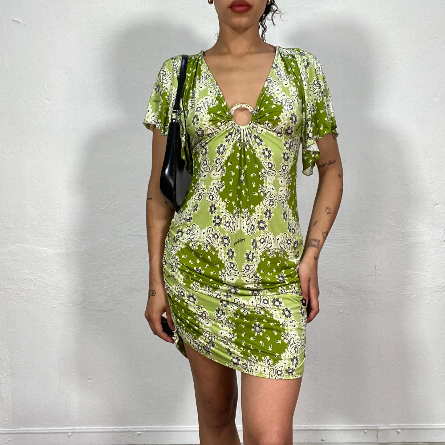 Vintage 2000's Babyphat Green Dress with White Paisley Print and Ring Detail (S)