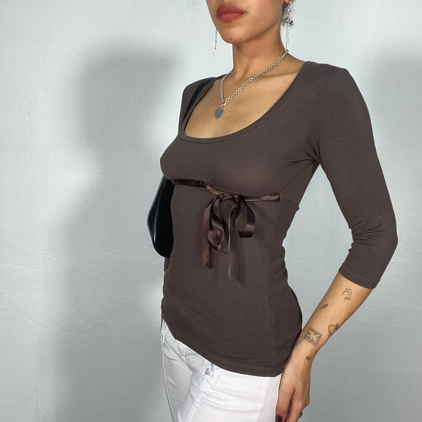 Vintage 90's Model Off Duty Brown Midi Sleeve Top with Ribbon Detail (S)