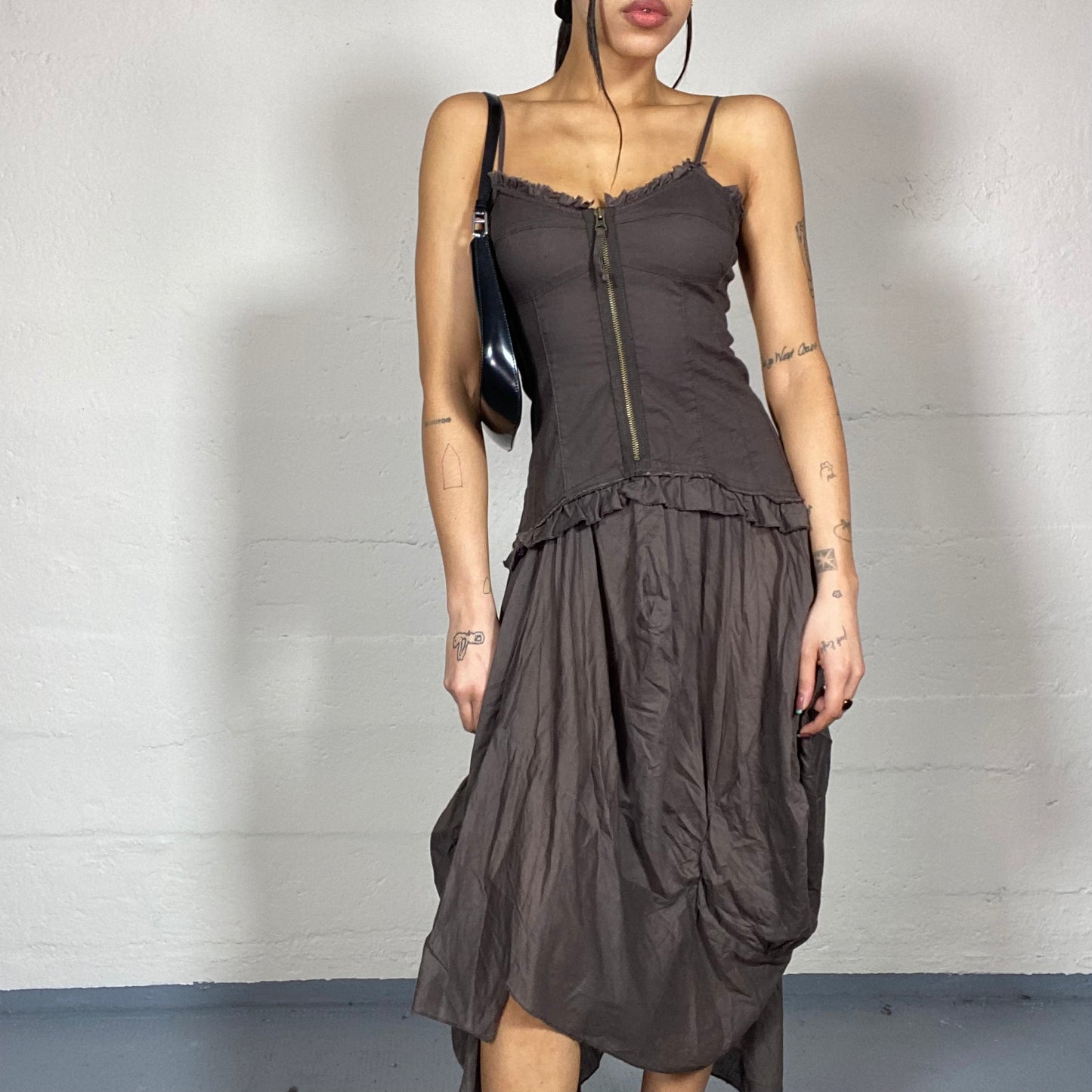 Vintage 2000's Fairy Brown Maxi Dress with Balloon Drapped Skirt Detail (S)