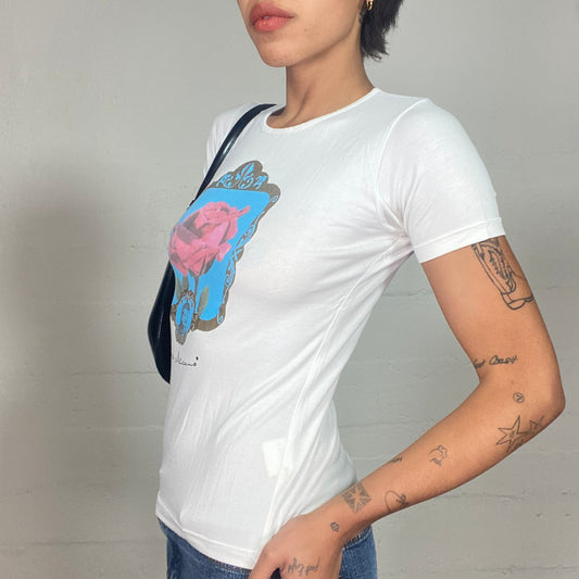 Vintage 2000's Downtown Girl White Top with Framed Red Realistic Rose Print (S/M)