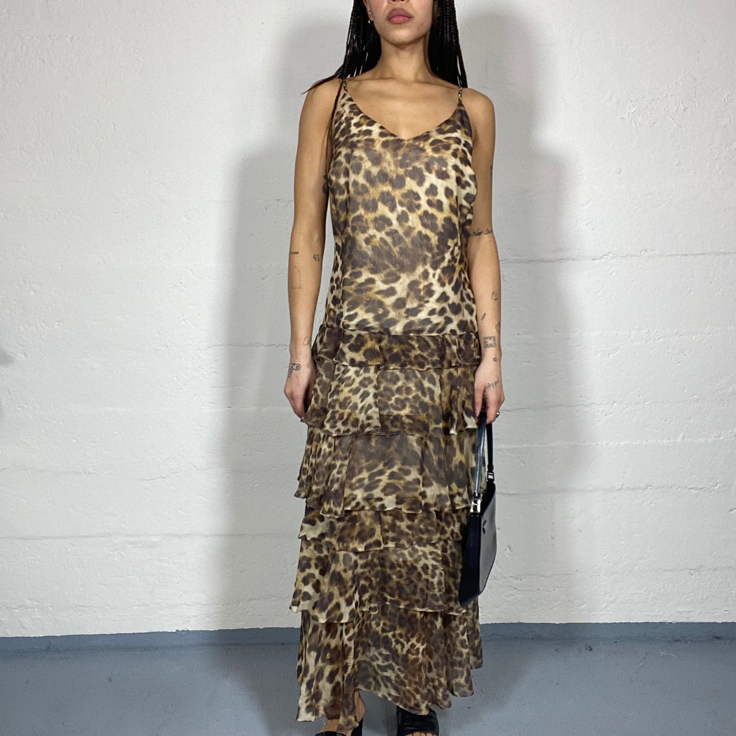 Vintage 90's Janice Brown Maxi Loose Cut Dress with Frilled Bottom and Cheetah Print (M)