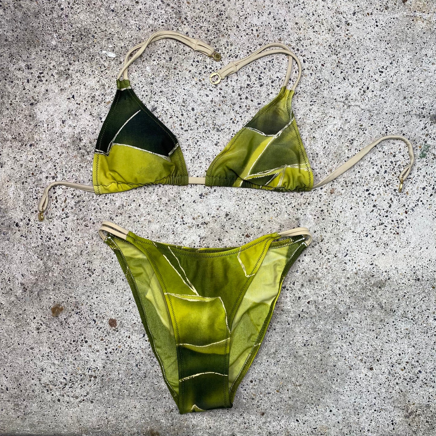 Vintage 2000's Green and Silver Glittery Triangle Bikini Set (XXS)